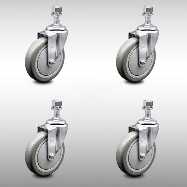 5 Inch SS Gray Polyurethane Wheel Swivel 12mm Threaded Stem Caster Set SCC